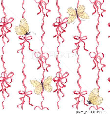 Seamless pattern of satin bows and white butterflies. Watercolor background of pink silk ribbons. Decor for birthdays, weddings, Valentine's day. Decoration in boho style on a isolated background. 116356595