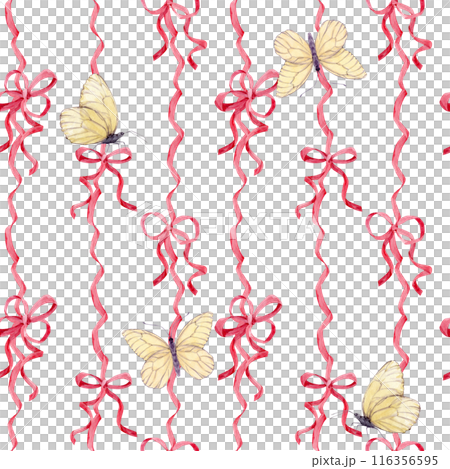 Seamless pattern of satin bows and white butterflies. Watercolor background of pink silk ribbons. Decor for birthdays, weddings, Valentine's day. Decoration in boho style on a isolated background. Seamless pattern of satin bows and white butterflies. Watercolor background of pink silk ribbons. Decor for birthdays, weddings, Valentine's day. Decoration in boho style on a isolated background. 116356595