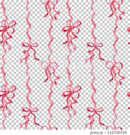Seamless ornament of satin bows. Watercolor pattern made of pink silk ribbons. Decor for birthdays, weddings, Valentine's day. Decoration in boho style on a isolated background. Seamless ornament of satin bows. Watercolor pattern made of pink silk ribbons. Decor for birthdays, weddings, Valentine's day. Decoration in boho style on a isolated background. 116356599