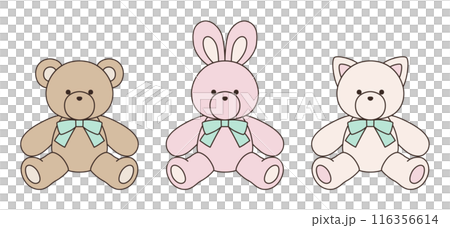 Vector illustration set of cute bear, rabbit and cat stuffed animals with ribbons Icon Balloon 116356614