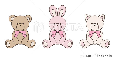 リボンをつけたかわいいくまとうさぎとねこのぬいぐるみのベクターイラストセット　アイコン　バルーン 116356616