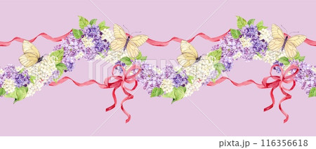 Horizontal seamless border with purple, white and violet lilac. Watercolor spring flowers in botanical style and butterflies. Hand drawn illustration on lilac background. Scheme for printing on fabric 116356618