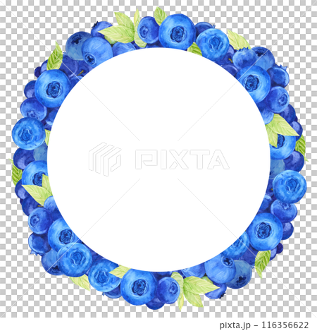 Blueberry wreath. Watercolor drawing by hand. Round frame of ripe juicy summer berries. Clipart for packaging design of farm, natural, vegetarian products. 116356622