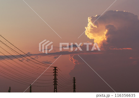 送電鉄塔の先に湧く夕刻の積乱雲　b-4 暖色 116356635