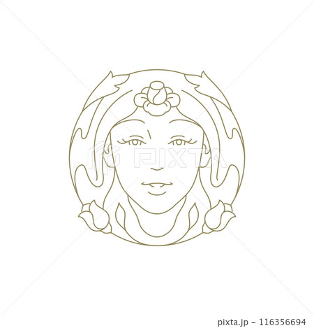 Mystic botanical woman portrait with flower tulip hand drawn circle golden line art logo vector 116356694