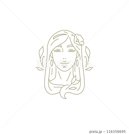 Botanical natural beauty woman face with flower in hair hand drawn golden line art logo vector Botanical natural beauty woman face with flower in hair hand drawn golden line art logo vector 116356695