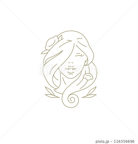 Romantic floral female face with blossom organic plant hand drawn golden line art logo vector 116356696