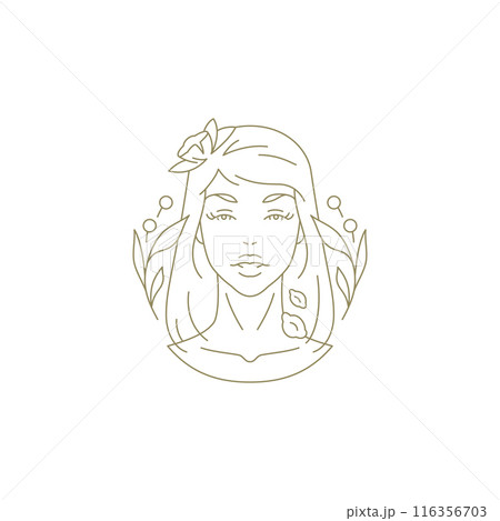 Beautiful woman portrait with flower branch and berries golden linear logo vector illustration 116356703