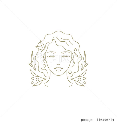 Beauty female face with berries floral leaves hand drawn linear logo vector illustration 116356714