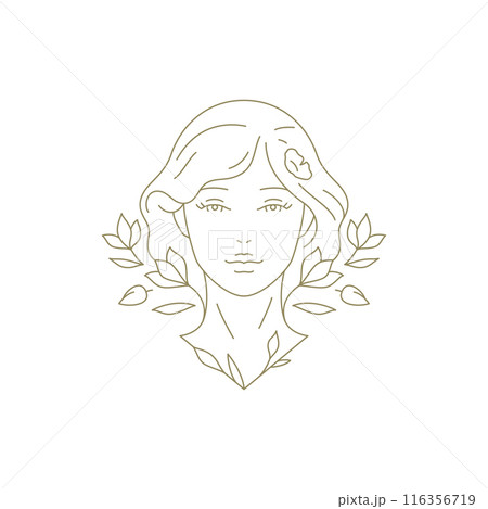 Floral woman portrait with natural leaves branch minimalist logo line art style vector illustration 116356719