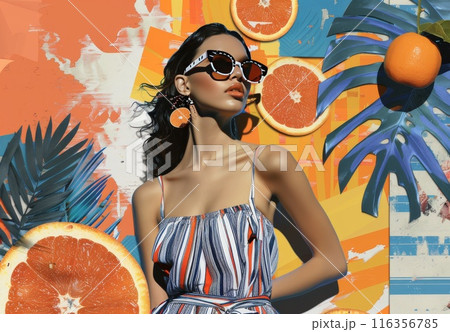 Vintage art floral pop design. Abstract dream femininity artwork. Glamour model. Collage with woman. Surrealism summer poster. Retro tropical fashion with female portrait. 116356785