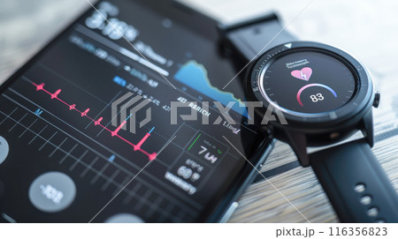 Digital health monitoring on a smartphone and smartwatch, showing fitness analytics. 116356823