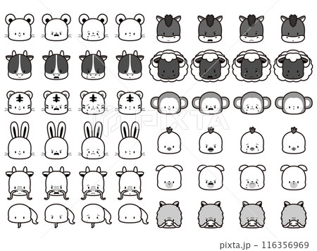 かわいい干支の表情アイコンイラスト、モノクロ かわいい干支の表情アイコンイラスト、モノクロ 116356969