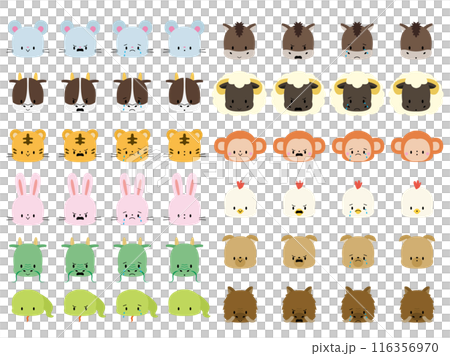 可愛的十二生肖面部表情圖示插圖,沒有色線 可愛的十二生肖面部表情圖示插圖,沒有色線 116356970