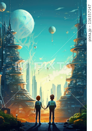 children in futuristic future city illustration 116357147