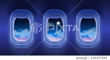 View of night sky through open airplane windows. 116357445