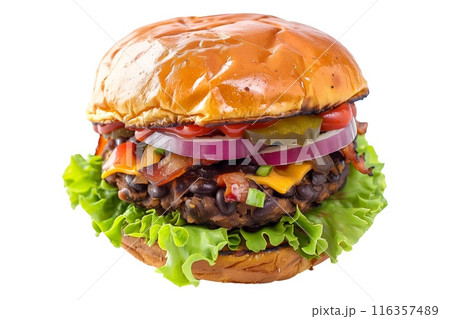 Black Bean Burger with black beans, vegetables and spices isolated on transparent white background Black Bean Burger with black beans, vegetables and spices isolated on transparent white background 116357489