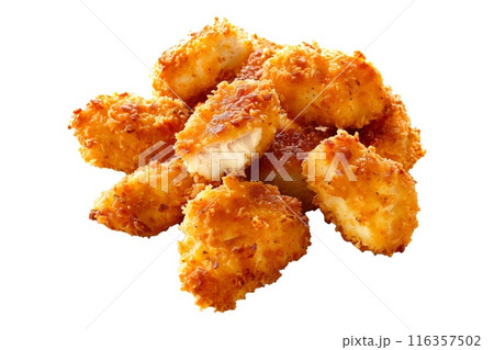 Closeup of golden and crispy Panko Chicken Nuggets isolated on a white transparent background 116357502