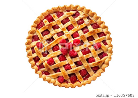 Freshly baked raspberry pie filling a stunning lattice crust isolated on white transparent background 116357605