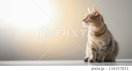 This tranquil image captures a contemplative ginger cat sitting gracefully with a warm glow in the background, embodying serenity and domestic bliss 116357651