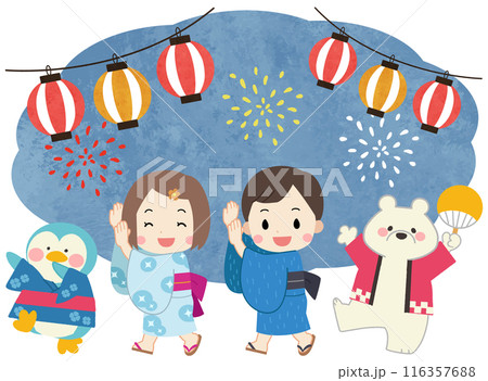 夏祭り・花火大会　浴衣を着た子供たちと白クマとペンギンのイラスト 116357688