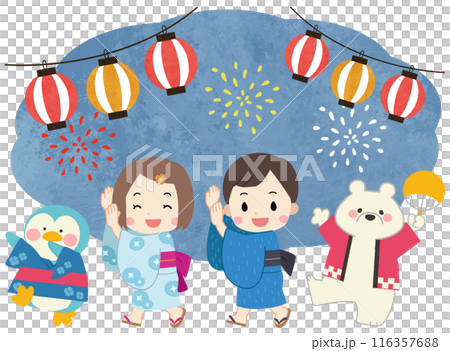 夏祭り・花火大会　浴衣を着た子供たちと白クマとペンギンのイラスト 116357688