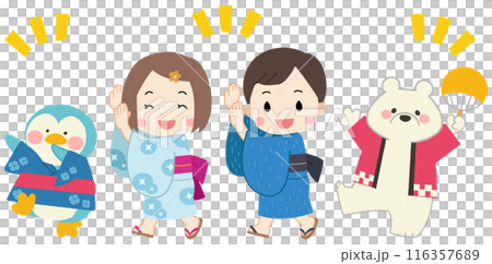 夏祭り・花火大会 浴衣を着た子供たちと白クマとペンギンのイラスト 夏祭り・花火大会 浴衣を着た子供たちと白クマとペンギンのイラスト 116357689