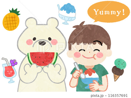 笑顔でスイカ・かき氷を食べる子供と白くまのイラスト 116357691