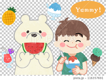 笑顔でスイカ・かき氷を食べる子供と白くまのイラスト 116357691