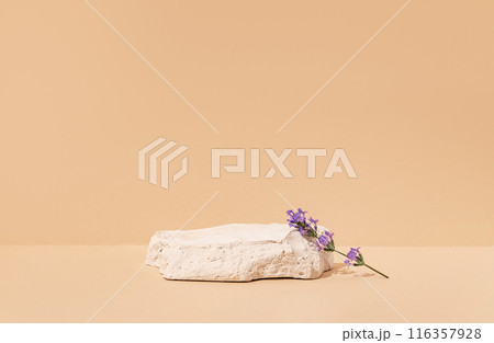 Beauty cosmetics product presentation mockup scene with copy space made with white stone and lavender flower. Composition aims to emphasize the natural purity and summer mood. Studio photography. 116357928