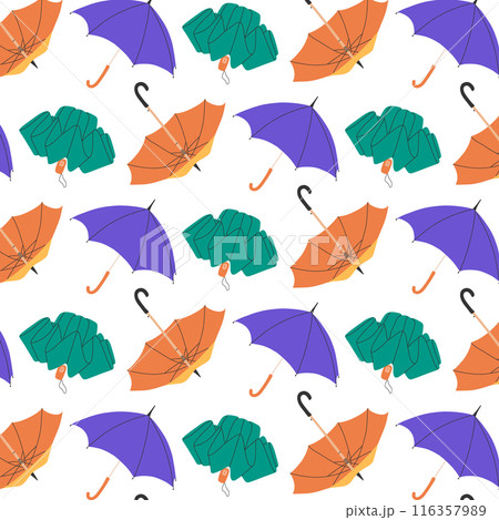 Seamless pattern with umbrellas. Umbrella season print. Vector illustration. Flat hand drawn style. 116357989