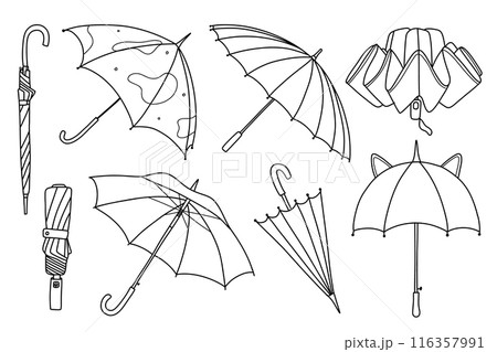 Set of Umbrella in doodle style isolated on white background. Umbrella season. Linear open umbrella. Vector illustration. Set of Umbrella in doodle style isolated on white background. Umbrella season. Linear open umbrella. Vector illustration. 116357991