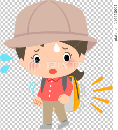 A woman in hiking gear struggling with her heavy luggage 116358001