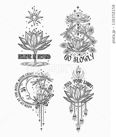 Mysterious labels with fantasy dragonfly, lotus flower, moon, text. Vintage illustrations on white background. For clothing, apparel, T-shirts, surface decoration. Mysterious labels with fantasy dragonfly, lotus flower, moon, text. Vintage illustrations on white background. For clothing, apparel, T-shirts, surface decoration. 116358158