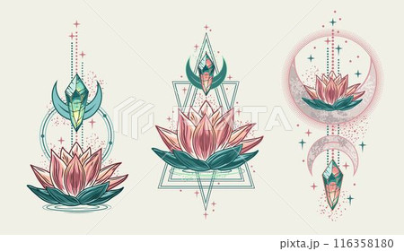 Esoteric labels with lotus flower, crescent moon, text. Vintage mystical illustrations on white background. For clothing, apparel, T-shirts, surface decoration. Esoteric labels with lotus flower, crescent moon, text. Vintage mystical illustrations on white background. For clothing, apparel, T-shirts, surface decoration. 116358180