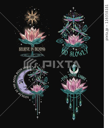 Mysterious labels with fantasy dragonfly, lotus flower, moon, text. Vintage illustrations on black background. For clothing, apparel, T-shirts, surface decoration. Mysterious labels with fantasy dragonfly, lotus flower, moon, text. Vintage illustrations on black background. For clothing, apparel, T-shirts, surface decoration. 116358181