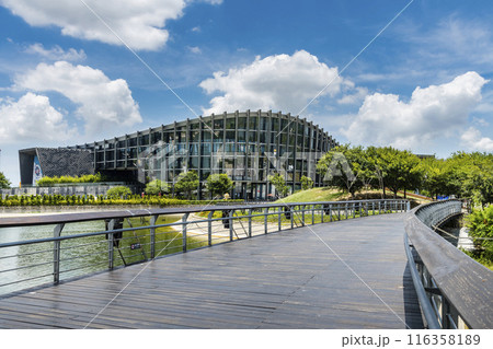 Modern building view of the Southern Branch of the National Palace Museum in Chiayi, Taiwan.  116358189