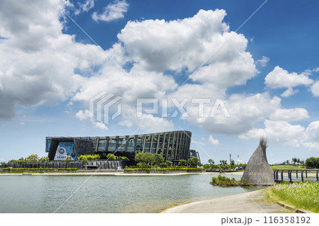 Modern building view of the Southern Branch of the National Palace Museum in Chiayi, Taiwan.  116358192