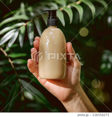 Someones hand is holding an ecofriendly shampoo bottle surrounded by abundant greenery 116358271