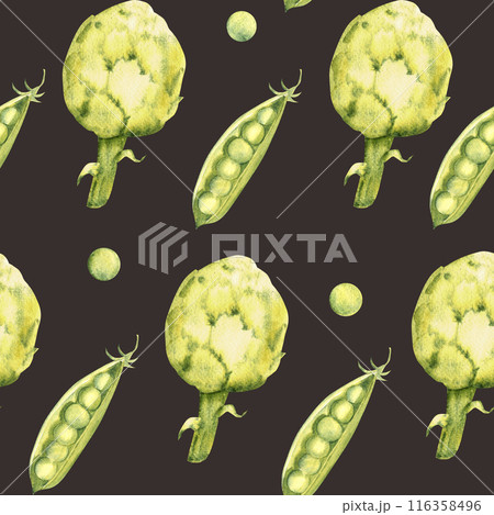 Green Vegetables Watercolor Seamless Pattern with Artichoke and Peas, Broccoli and Cauliflower on a dark brown background. Can be used for kitchen textile prints, product packaging design. Green Vegetables Watercolor Seamless Pattern with Artichoke and Peas, Broccoli and Cauliflower on a dark brown background. Can be used for kitchen textile prints, product packaging design. 116358496