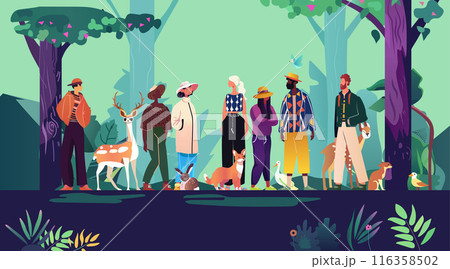 Community people group in forest scene Diverse individuals animals trees colorful nature 116358502