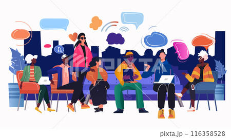 Community people group discussing ideas diverse characters vibrant colors cityscape background speech bubbles laptops 116358528