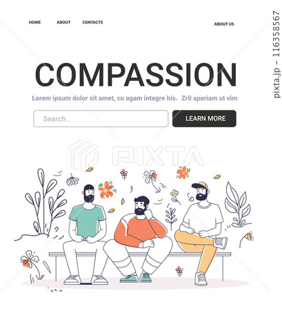 Compassion Mental Health Concept three men sitting on bench surrounded by flowers and plants discussing emotions colorful background website design Compassion Mental Health Concept three men sitting on bench surrounded by flowers and plants discussing emotions colorful background website design 116358567