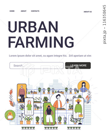 Urban farming concept people cultivating plants rooftop garden cityscape background colorful illustrations minimalistic line art 116358645