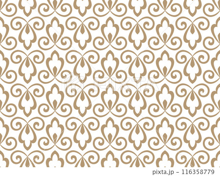Flower geometric pattern. Seamless vector background. White and beige ornament. Ornament for fabric, wallpaper, packaging. Decorative print Flower geometric pattern. Seamless vector background. White and beige ornament. Ornament for fabric, wallpaper, packaging. Decorative print 116358779