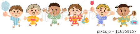浴衣や甚平を着て祭りに行く6人の多国籍の子供たち 浴衣や甚平を着て祭りに行く6人の多国籍の子供たち 116359157