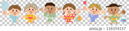 Six children from different countries go to a festival wearing yukata and jinbei. 116359157