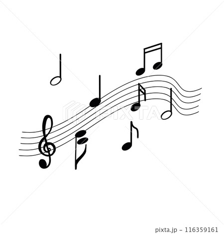 Notes, treble clef, melody. Vector illustration. All objects are drawn in vector in black. Suitable for printing on posters, invitations, cards, tickets and for design. 116359161