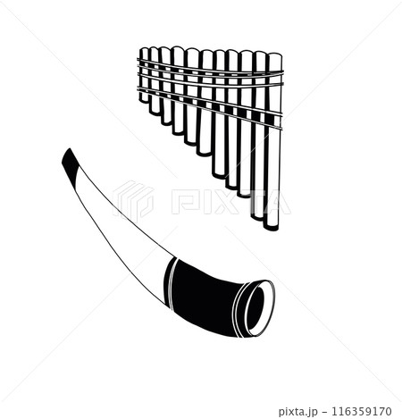 Set of vector illustrations. Russian folk instruments, horn, kugikla, flute, wind instruments. All objects are hand-drawn in vector. Suitable for printing on fabric, posters, invitations. 116359170