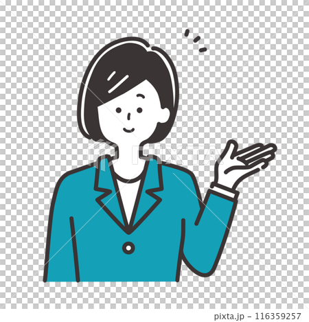 Illustration of a business person (a woman in a suit) giving guidance and explanations 116359257